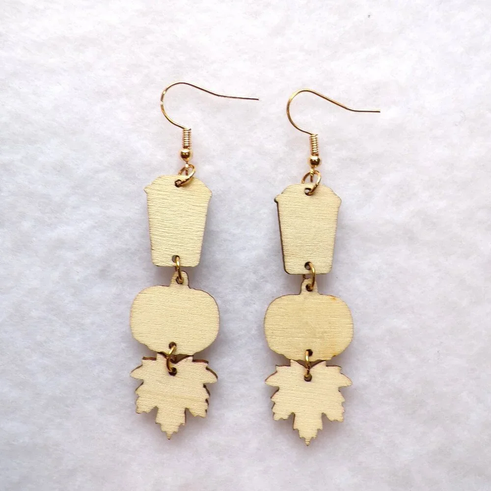 NEW Fall Wood Dangle Earrings Coffee Pumpkin Leaf
